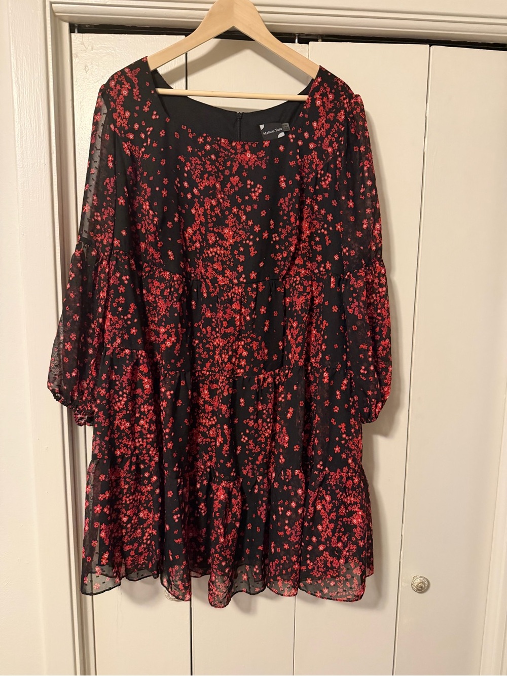 Maison Tara Black Mini Dress with Red Floral Print